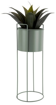 Pflanzgefäß in einem modernen, hohen Metallständer mit grüner Pflanze, seitliche Perspektive