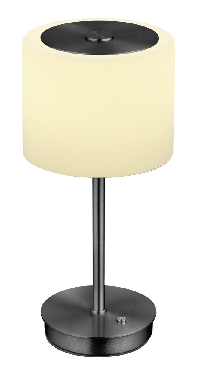 LED-Tischleuchte mit zylindrischem, cremefarbenem Schirm und metallischem Standfuß, seitliche Perspektive