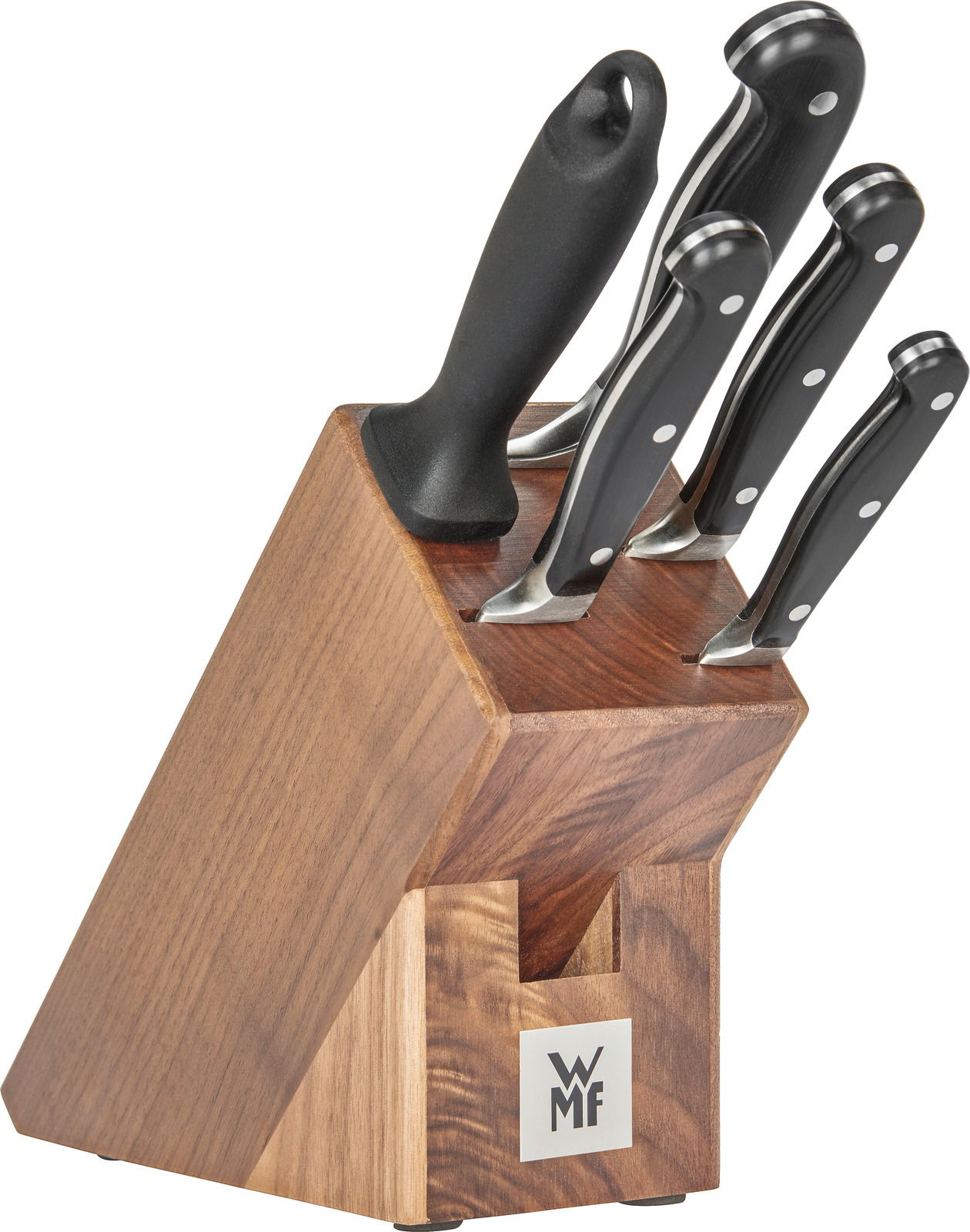 Messerblock aus Holz mit fünf Messern, seitliche Perspektive