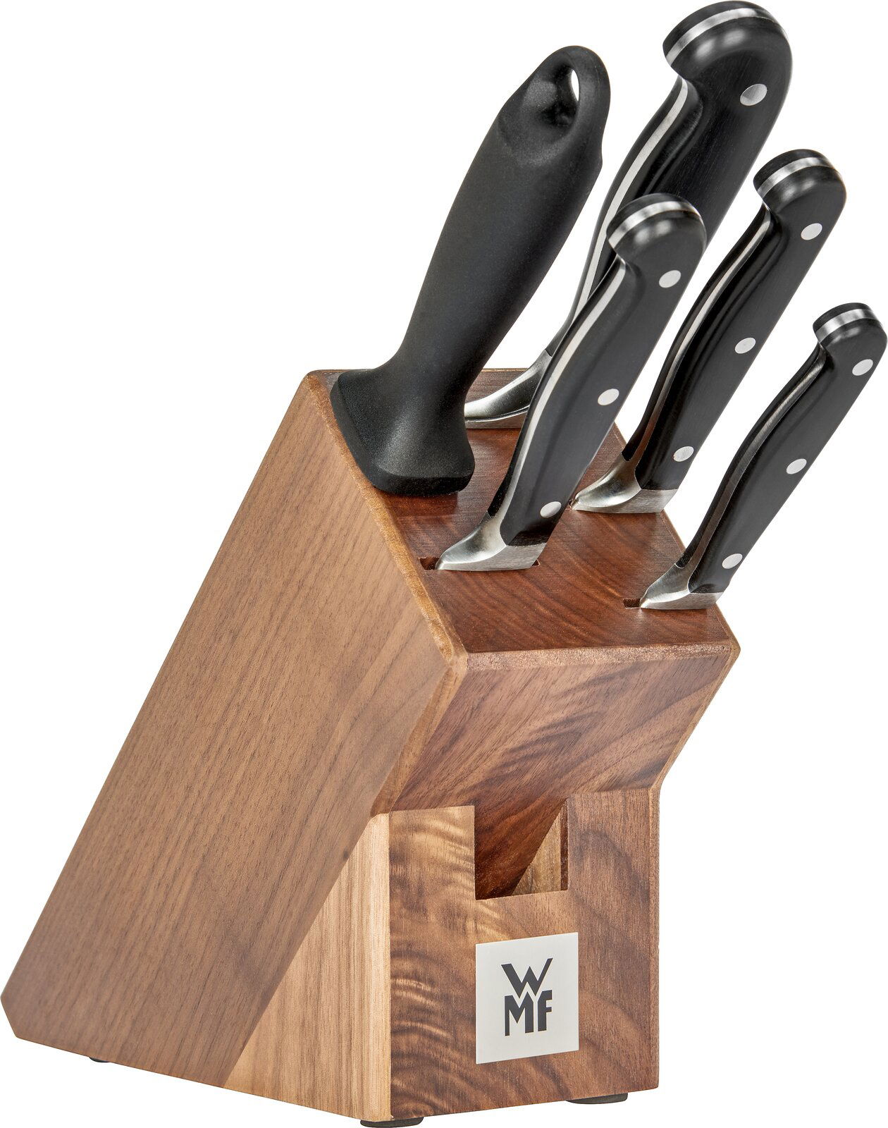 Messerblock aus Holz mit fünf Messern, seitliche Perspektive