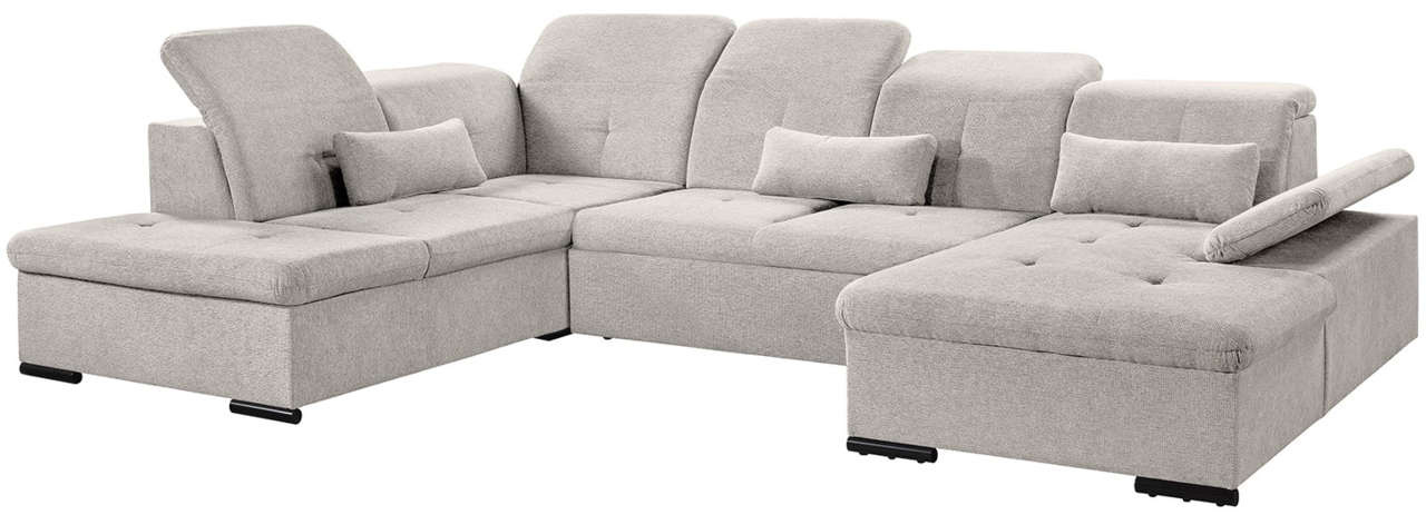 Graues Ecksofa mit verstellbaren Rückenlehnen und Armlehnen, perspektivisch von vorne rechts fotografiert.