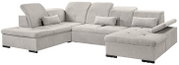 Graues Ecksofa mit verstellbaren Rückenlehnen und Armlehnen, perspektivisch von vorne rechts fotografiert.