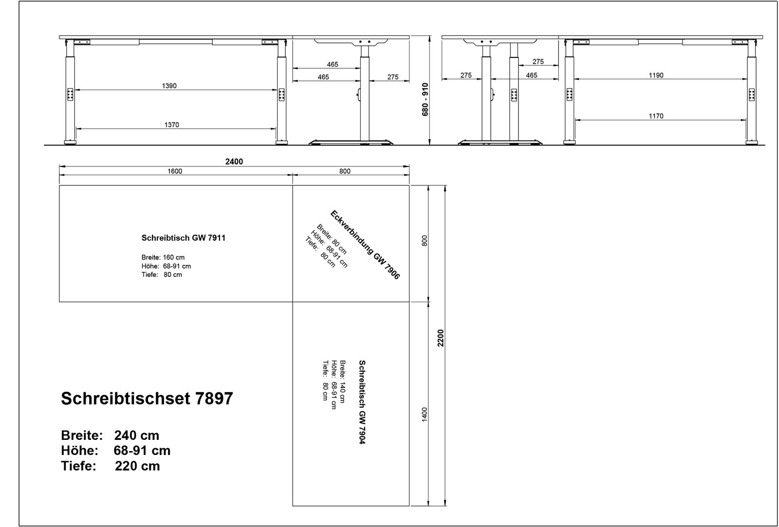 Technische Zeichnung eines Eckschreibtischsets mit den Maßen: Breite 240 cm, Höhe 68-91 cm, Tiefe 220 cm. Seitenansicht und Draufsicht des Schreibtischs.