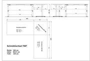 Technische Zeichnung eines Eckschreibtischsets mit den Maßen: Breite 240 cm, Höhe 68-91 cm, Tiefe 220 cm. Seitenansicht und Draufsicht des Schreibtischs.