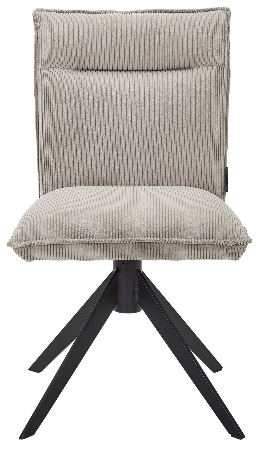 Moderner Stuhl mit gepolstertem, geripptem Stoffbezug und schwarzem Metallgestell, Frontalansicht.