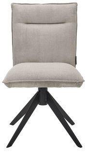 Moderner Stuhl mit gepolstertem, geripptem Stoffbezug und schwarzem Metallgestell, Frontalansicht.