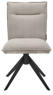 Moderner Stuhl mit gepolstertem, geripptem Stoffbezug und schwarzem Metallgestell, Frontalansicht.