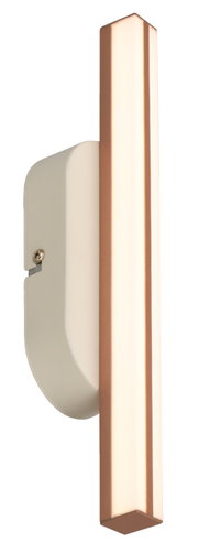 Moderne LED-Wandleuchte mit langem, rechteckigem Diffusor und kupferfarbenem Rahmen, montiert auf weißer Wandhalterung; Seitenansicht leicht schräg von vorn vor weißem Hintergrund.