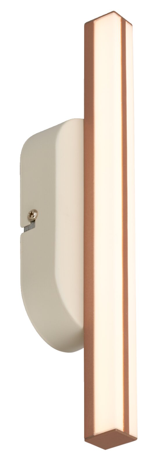 Moderne LED-Wandleuchte mit langem, rechteckigem Diffusor und kupferfarbenem Rahmen, montiert auf weißer Wandhalterung; Seitenansicht leicht schräg von vorn vor weißem Hintergrund.