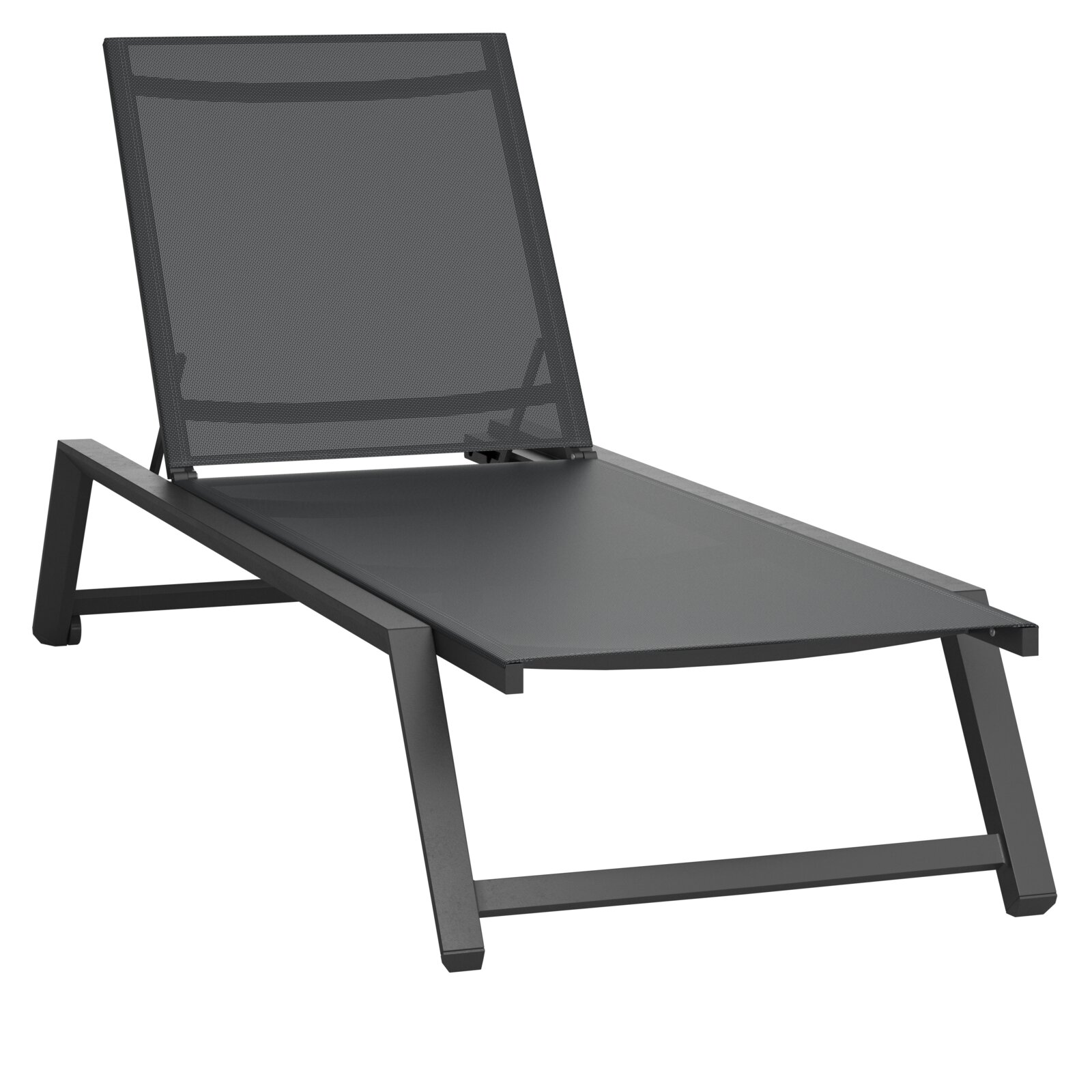 Moderne schwarze Sonnenliege aus Metall, seitliche Perspektive