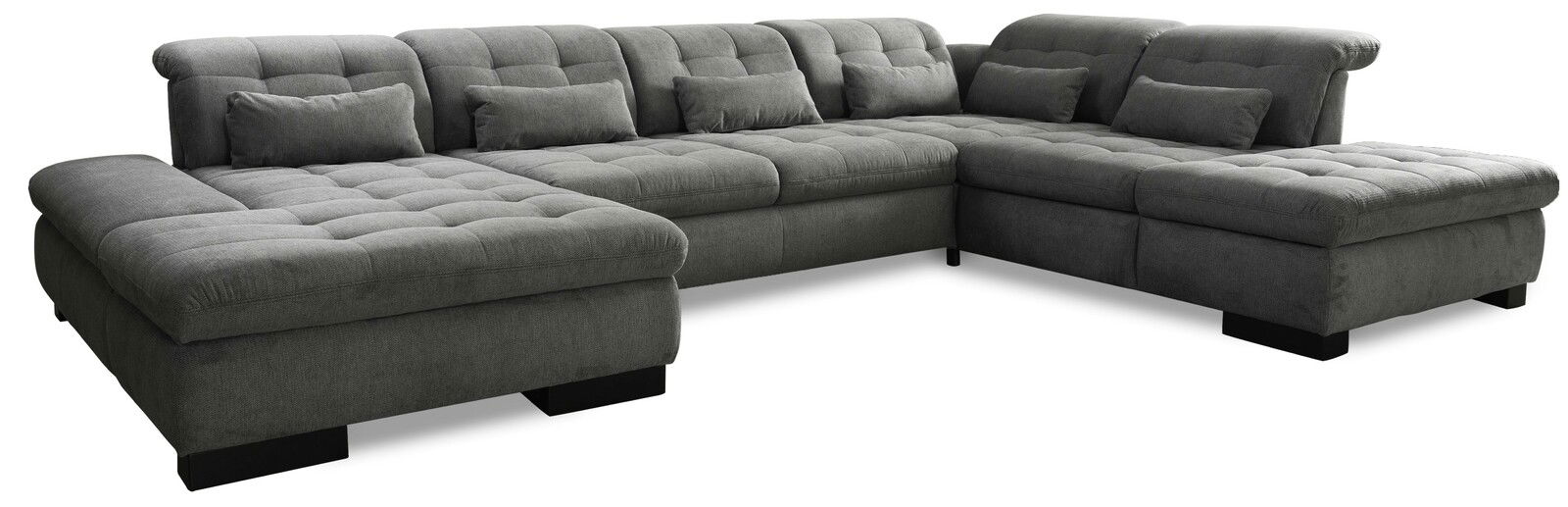 Großes, graues Ecksofa in U-Form mit mehreren Kissen, Perspektive von vorne links