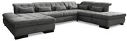 Großes, graues Ecksofa in U-Form mit mehreren Kissen, Perspektive von vorne links