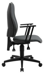 Seitenansicht eines ergonomischen Bürostuhls mit Armlehnen und Rollen