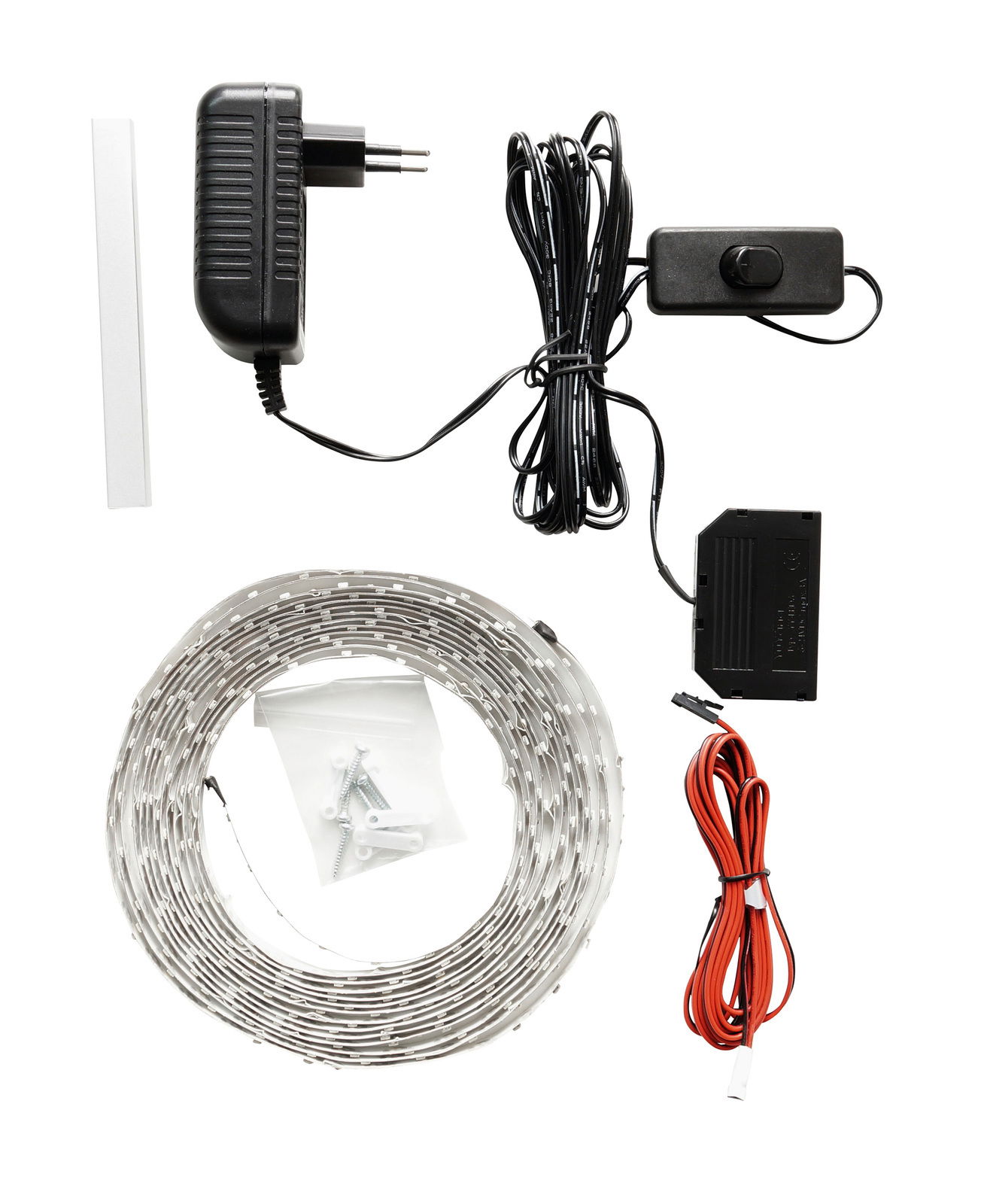 Zurbrüggen LED-Bandbeleuchtung MODENA LED-Bandbeleuchtung Set mit Netzteil, Steuerungseinheit und Montagematerial, aus der Vogelperspektive fotografiert.