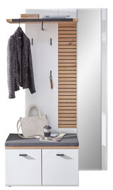 Garderobenbank mit weißem Korpus, Holzdetails und grauem Sitzpolster, frontal abgebildet. Integrierter Spiegel, Haken für Kleidung und Ablagefläche mit Dekoration.
