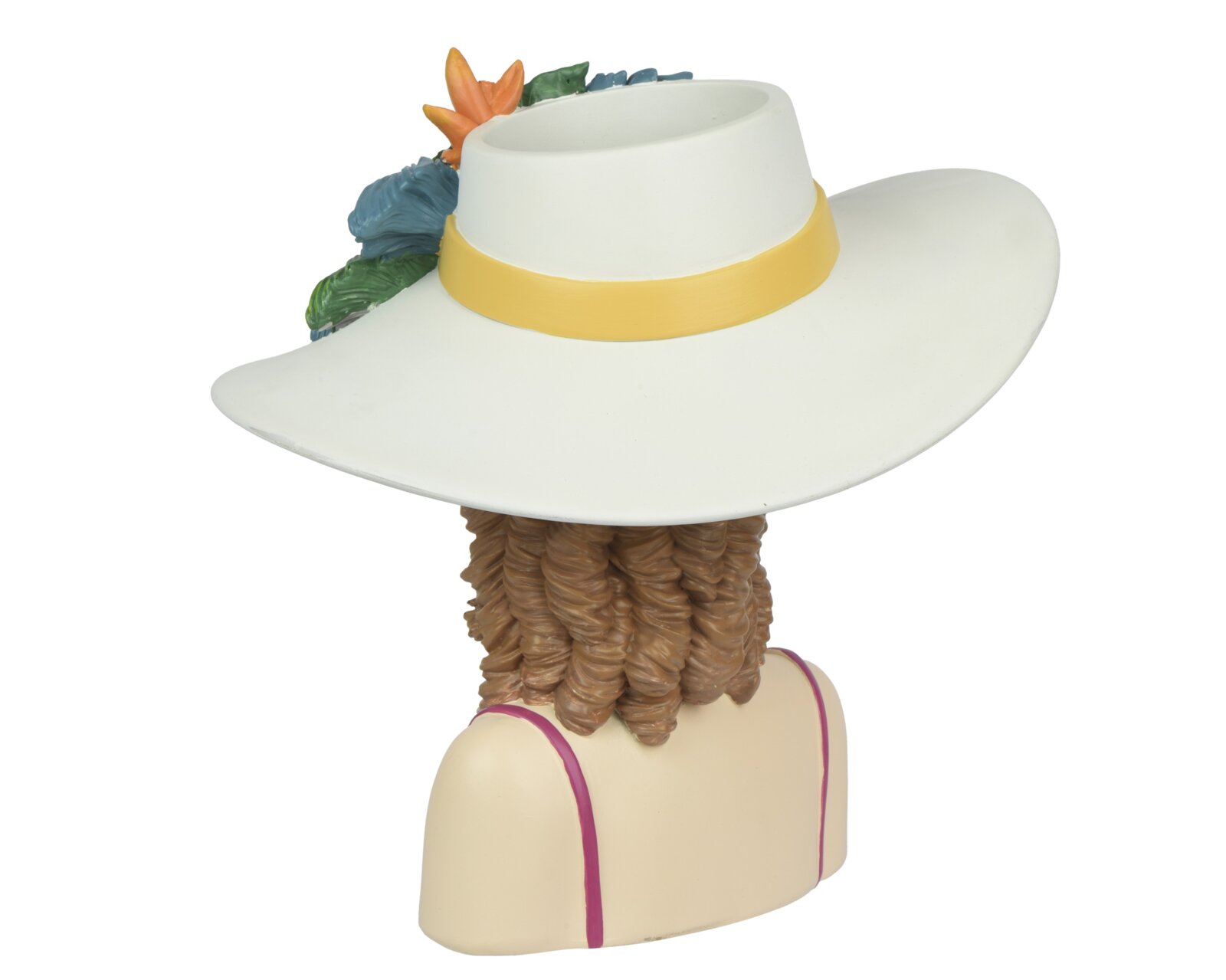 Decoris Pot Dekorative Frauenbüste als Schmuckhalter, mit weißem breitkrempigem Hut und gelbem Band sowie Blumen-Detail, Rückansicht leicht seitlich von hinten