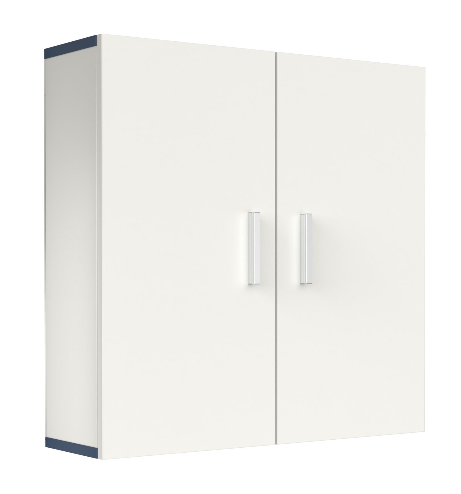 Weißer zweitüriger Wandschrank/Hängeschrank mit zwei silberfarbenen Griffen und dunkelblauen Akzenten, aus schräger Frontansicht (leicht von links) freigestellt auf weißem Hintergrund