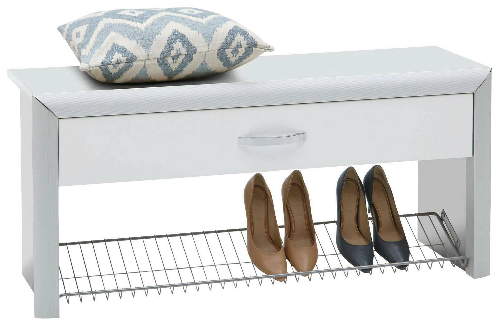 Dieter Knoll Bank CASTEL Weiße Bank mit Schublade und Schuhablage, darauf ein gemustertes Kissen, seitliche Perspektive