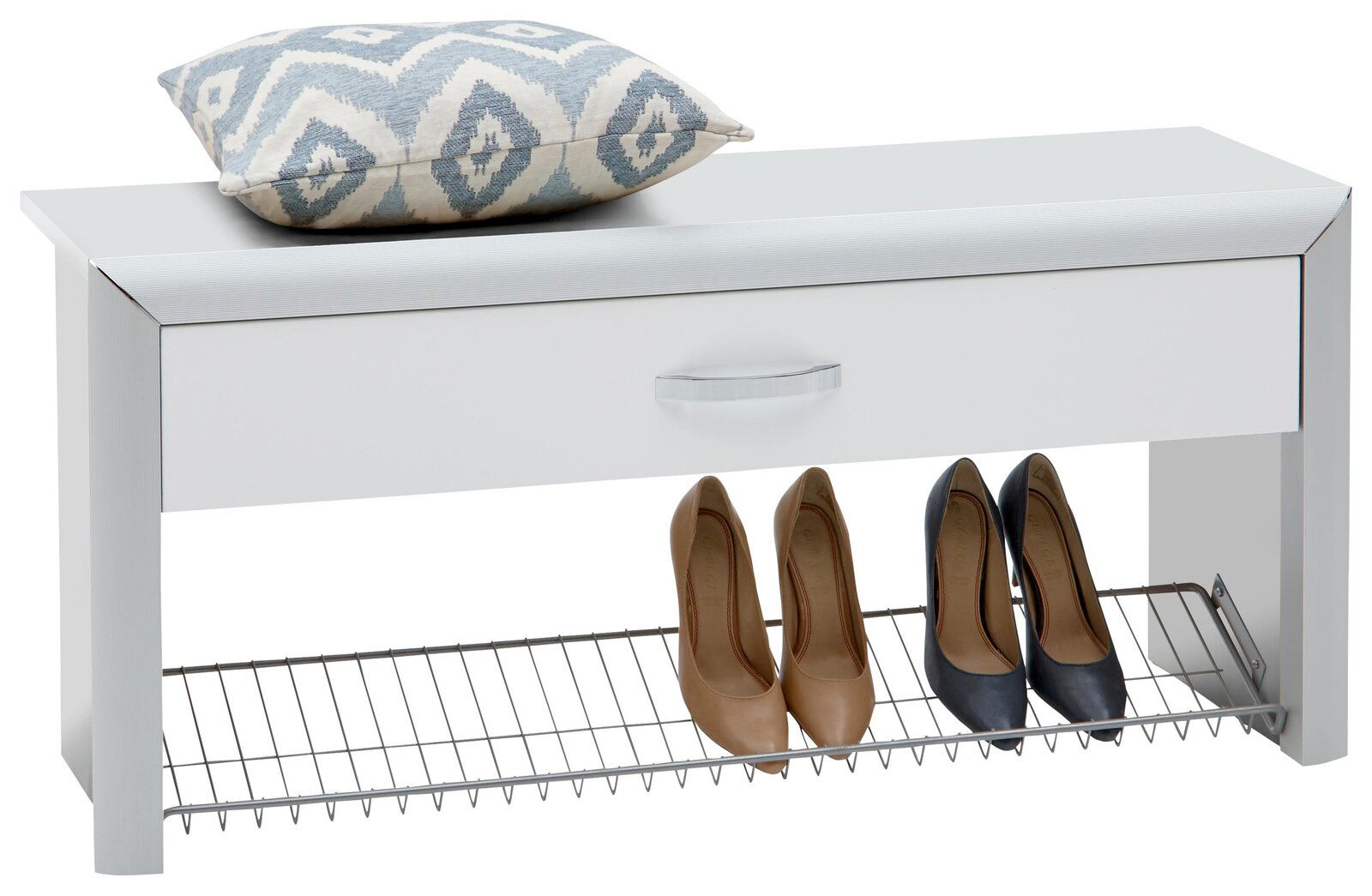 Dieter Knoll Bank CASTEL Weiße Bank mit Schublade und Schuhablage, darauf ein gemustertes Kissen, seitliche Perspektive