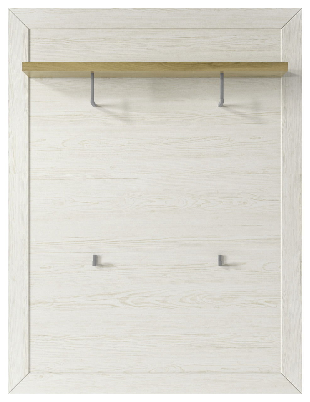 Garderoben-Set mit Holzoptik, frontal betrachtet, mit Ablage und Haken.