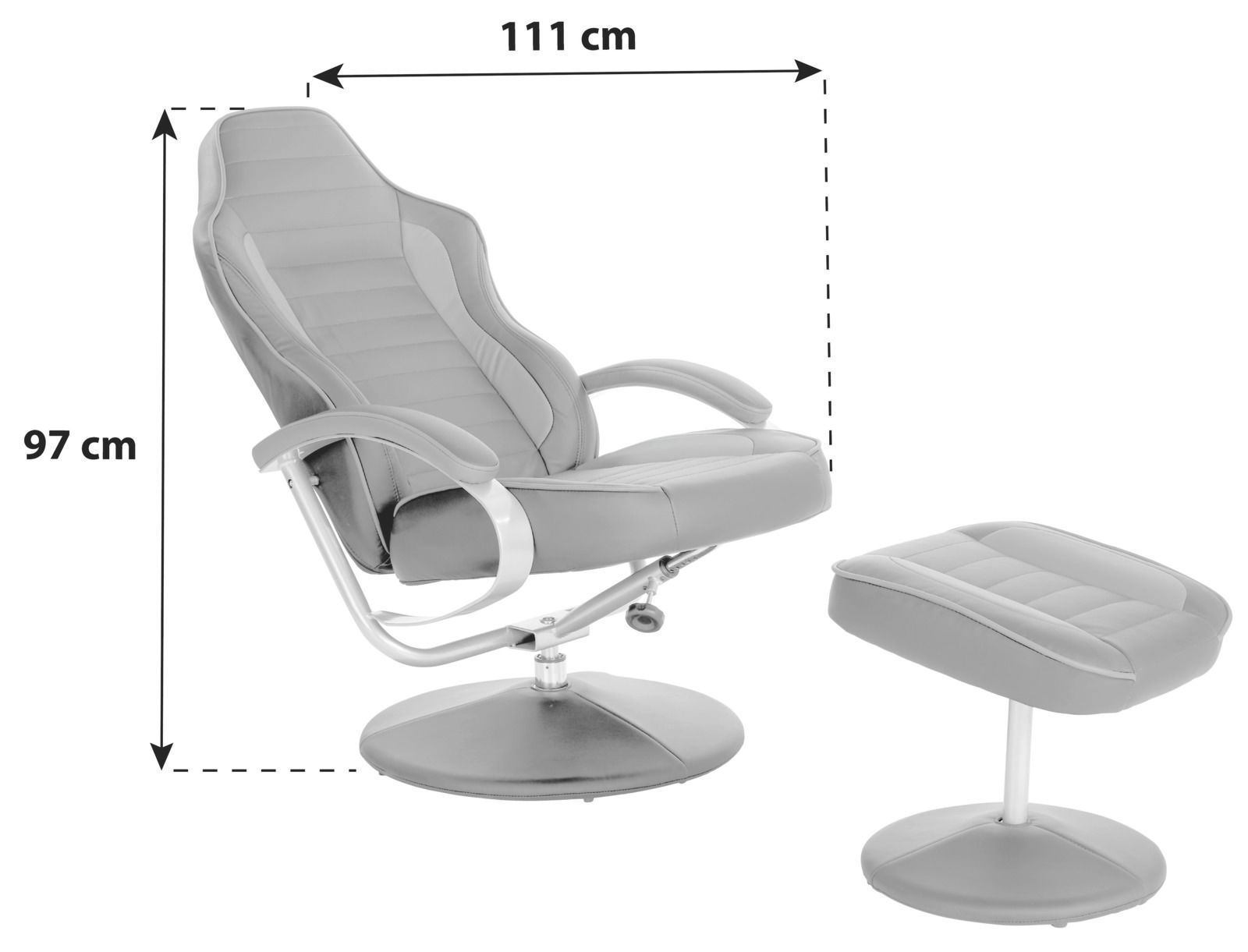 Grauer Fernsehsessel mit Hocker, seitliche Perspektive, Maße 97 cm hoch und 111 cm tief.