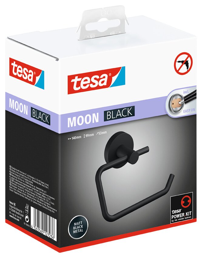 Zwarte toiletrolhouder van mat metaal, verpakt in een Tesa MOON BLACK-doos, vooraanzicht.