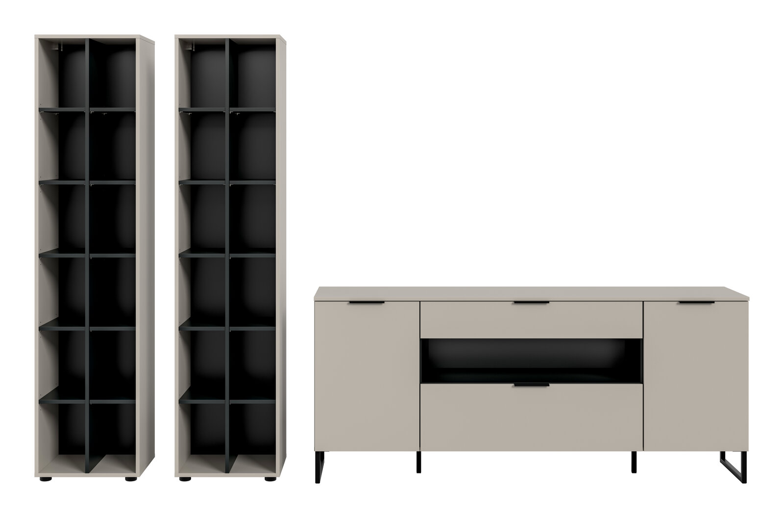 Modernes Möbel-Set in Beige und Schwarz: zwei hohe offene Regale mit Fächern und ein Sideboard mit Türen, Schubladen und offenem Fach, frontal aus leichter Perspektive aufgenommen