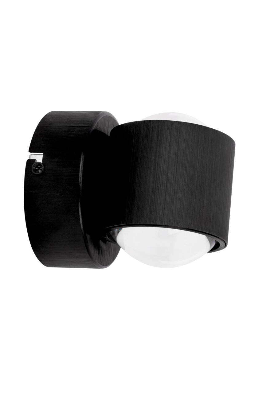 Schwarze LED-Wandleuchte mit zylindrischem Design, seitliche Perspektive