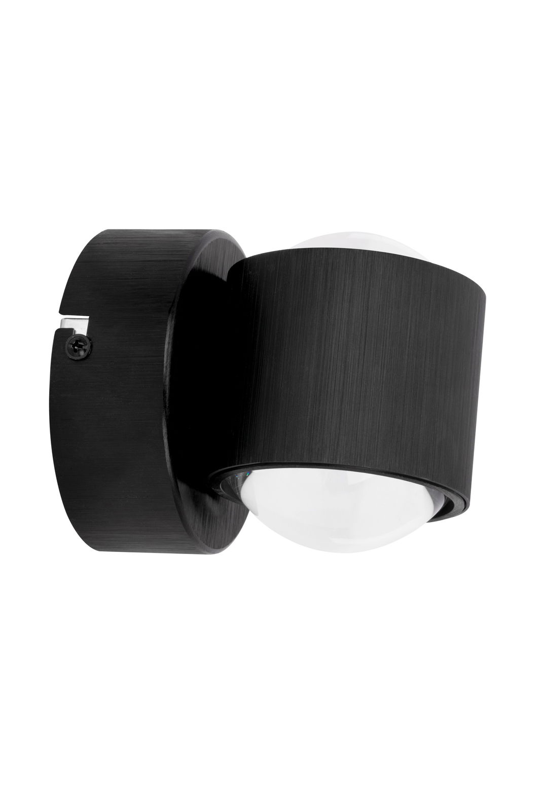 Schwarze LED-Wandleuchte mit zylindrischem Design, seitliche Perspektive