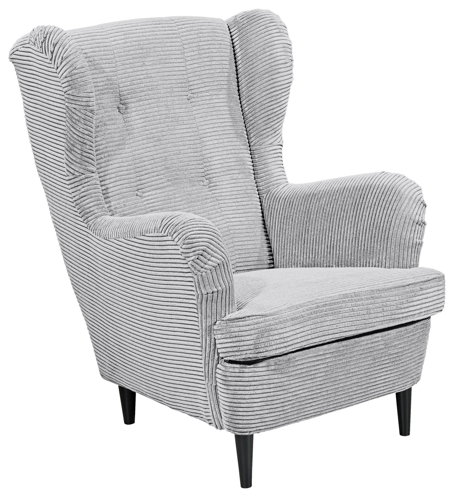 Grauer Sessel mit geripptem Stoffbezug, Vorderansicht leicht von der Seite