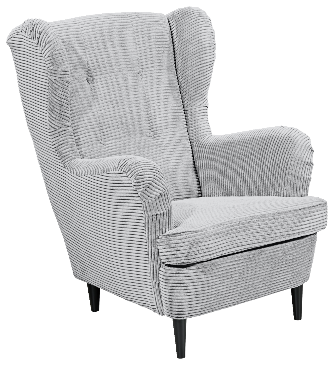 Grauer Sessel mit geripptem Stoffbezug, Vorderansicht leicht von der Seite