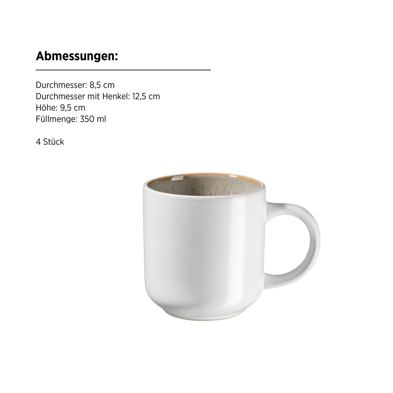 Weiße Keramik-Kaffeetasse mit Henkel und beigem Innenrand, 350 ml, freigestellt auf weißem Hintergrund, Perspektive: frontale Ansicht mit leichtem Blick von oben