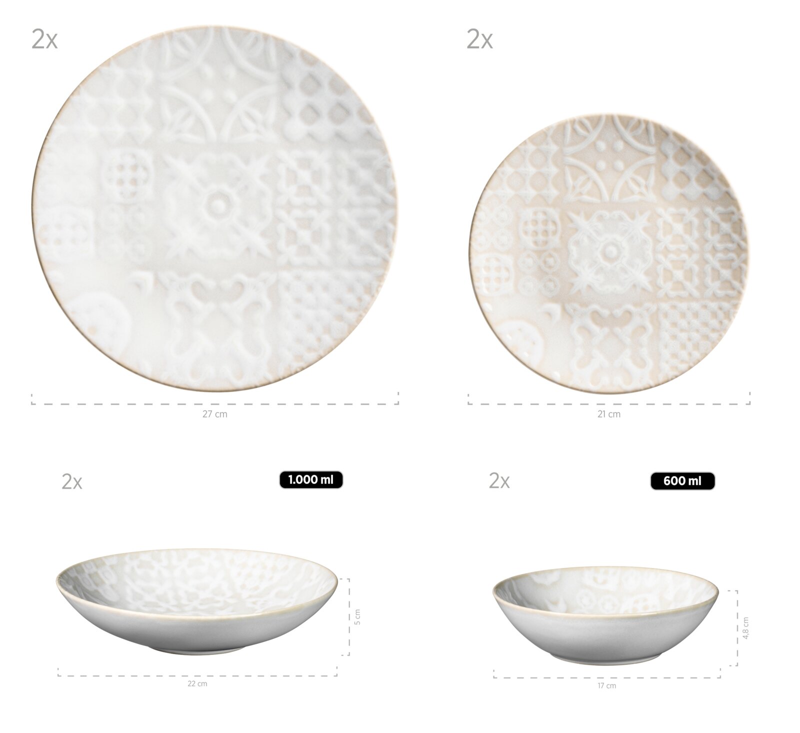 Weißes Geschirr-Set mit geprägtem Ornamentmuster: zwei große Teller (Ø 27 cm, 1000 ml) und zwei kleinere Teller/Schalen (Ø 21 cm, 600 ml), Ansicht von oben sowie seitliche Perspektive auf die Schalenform