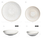 Weißes Geschirr-Set mit geprägtem Ornamentmuster: zwei große Teller (Ø 27 cm, 1000 ml) und zwei kleinere Teller/Schalen (Ø 21 cm, 600 ml), Ansicht von oben sowie seitliche Perspektive auf die Schalenform