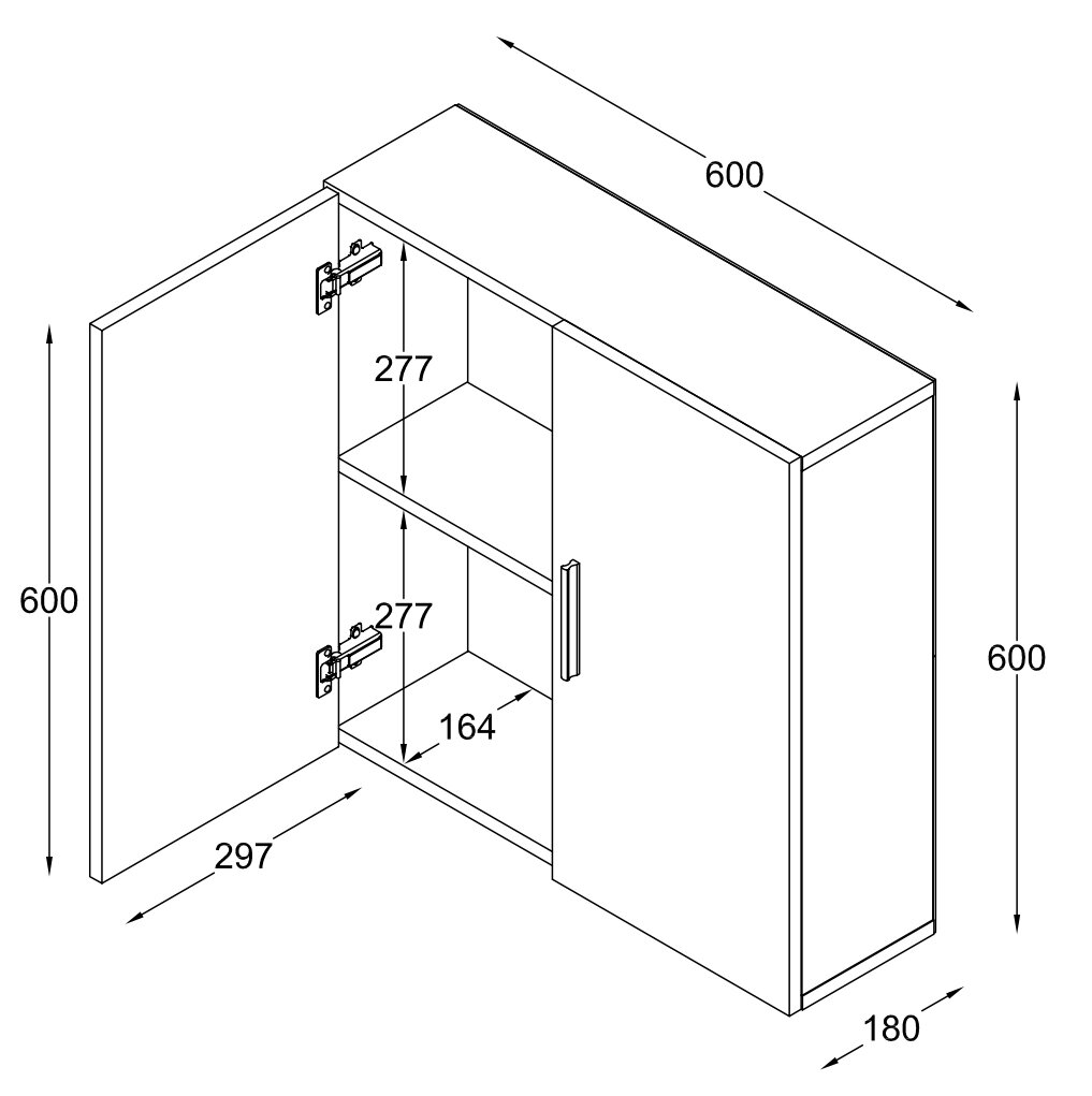 Technische Strichzeichnung eines rechteckigen Hängeschranks mit geöffneter Tür, Einlegeboden und Griff, Maße ca. 600×600×180 mm, Perspektive: schräg von vorn/oben.
