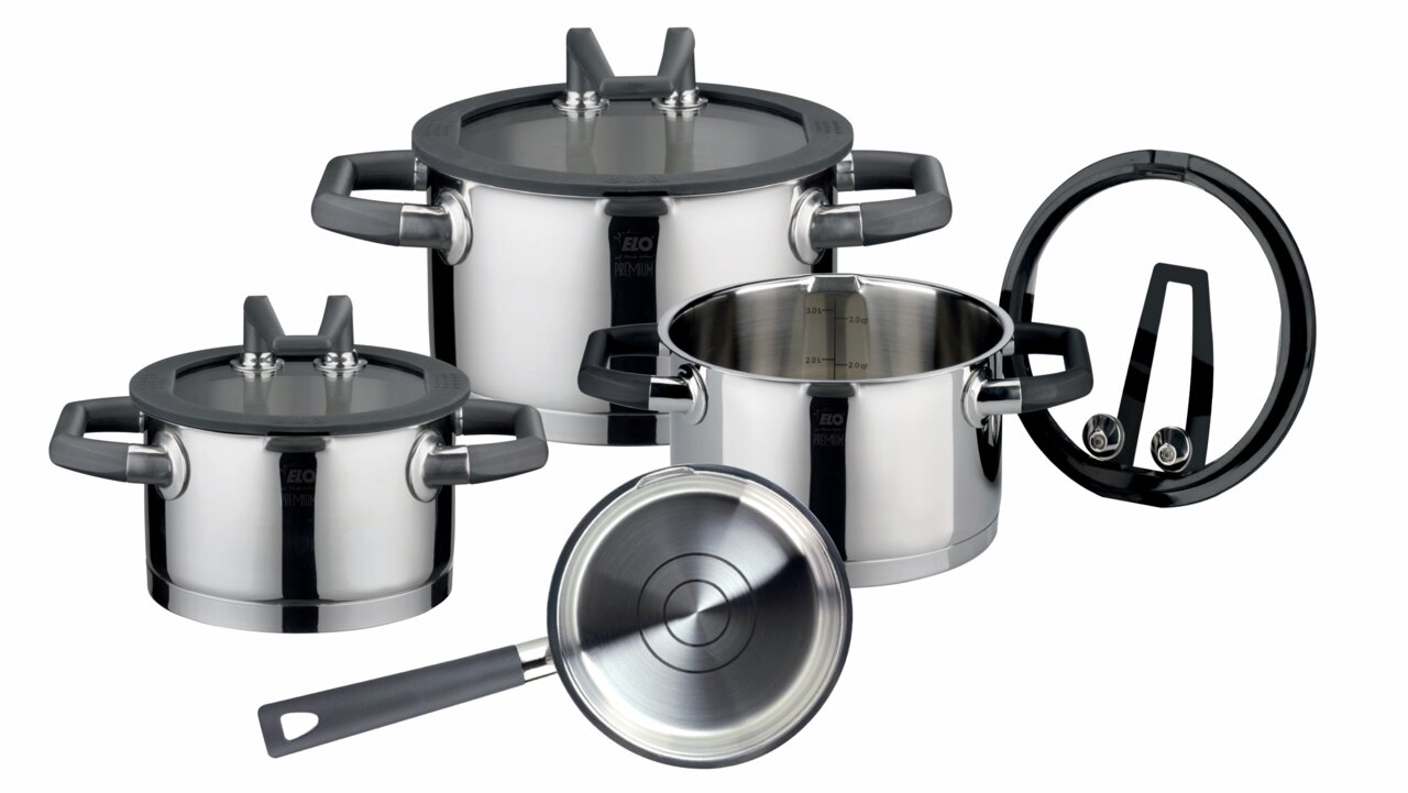 Topfset Rondello 4-tlg. aus Edelstahl mit Glasdeckeln, seitliche Perspektive
