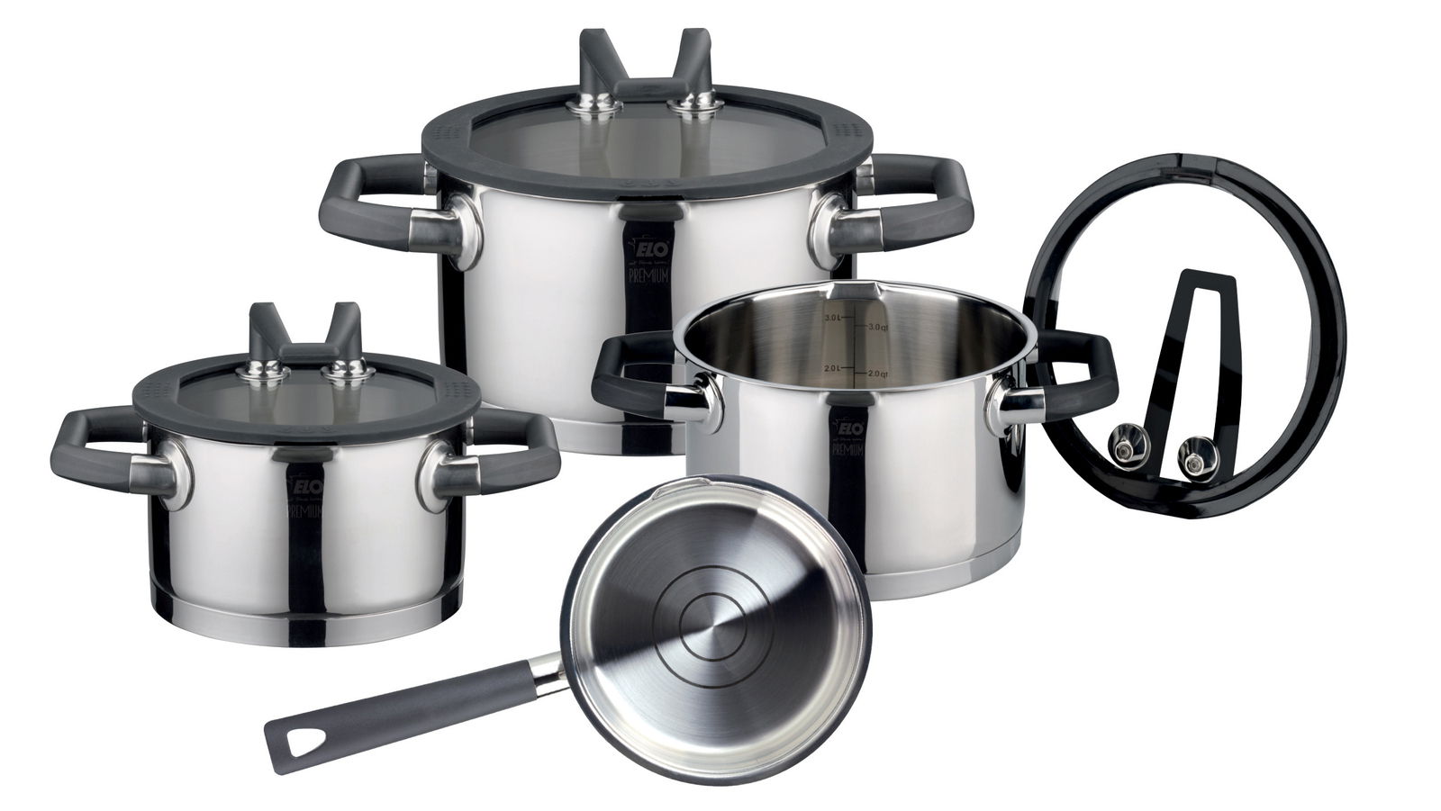Topfset Rondello 4-tlg. aus Edelstahl mit Glasdeckeln, seitliche Perspektive