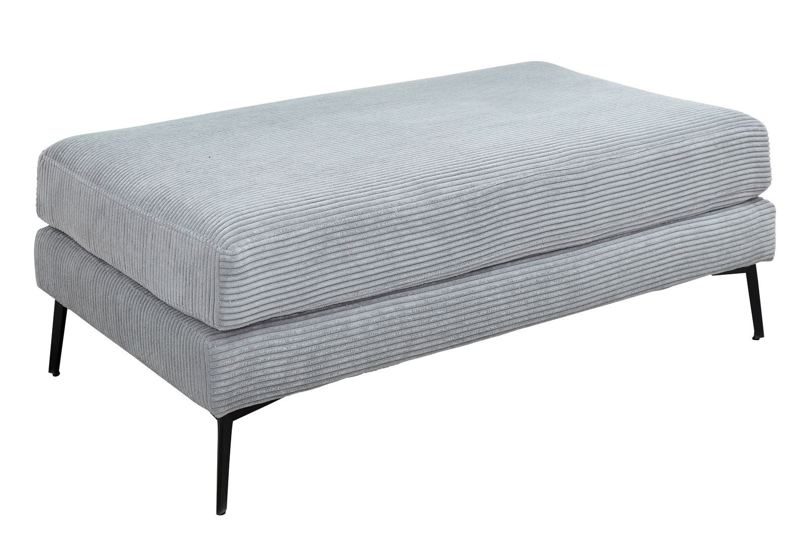 Grauer Hocker mit geripptem Stoffbezug und schwarzen Metallbeinen, seitliche Perspektive