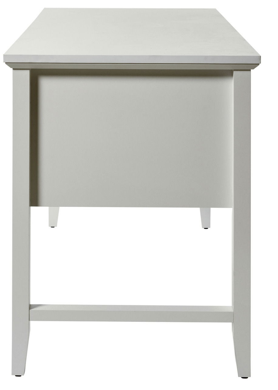 Moderner weißer Schreibtisch aus der Frontansicht mit schlichtem Design.