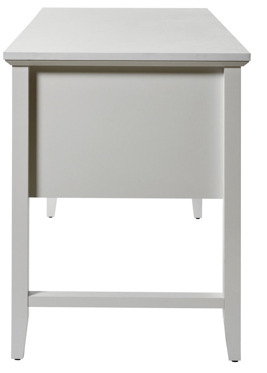 Moderner weißer Schreibtisch aus der Frontansicht mit schlichtem Design.