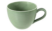 Grüne Kaffeetasse mit Rillenstruktur, seitliche Perspektive
