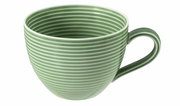 Grüne Kaffeetasse mit Rillenstruktur, seitliche Perspektive