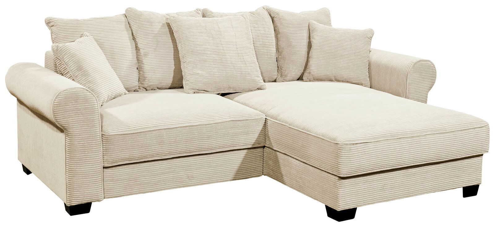 Beige Ecksofa mit mehreren Kissen, aus einer leicht erhöhten Perspektive fotografiert