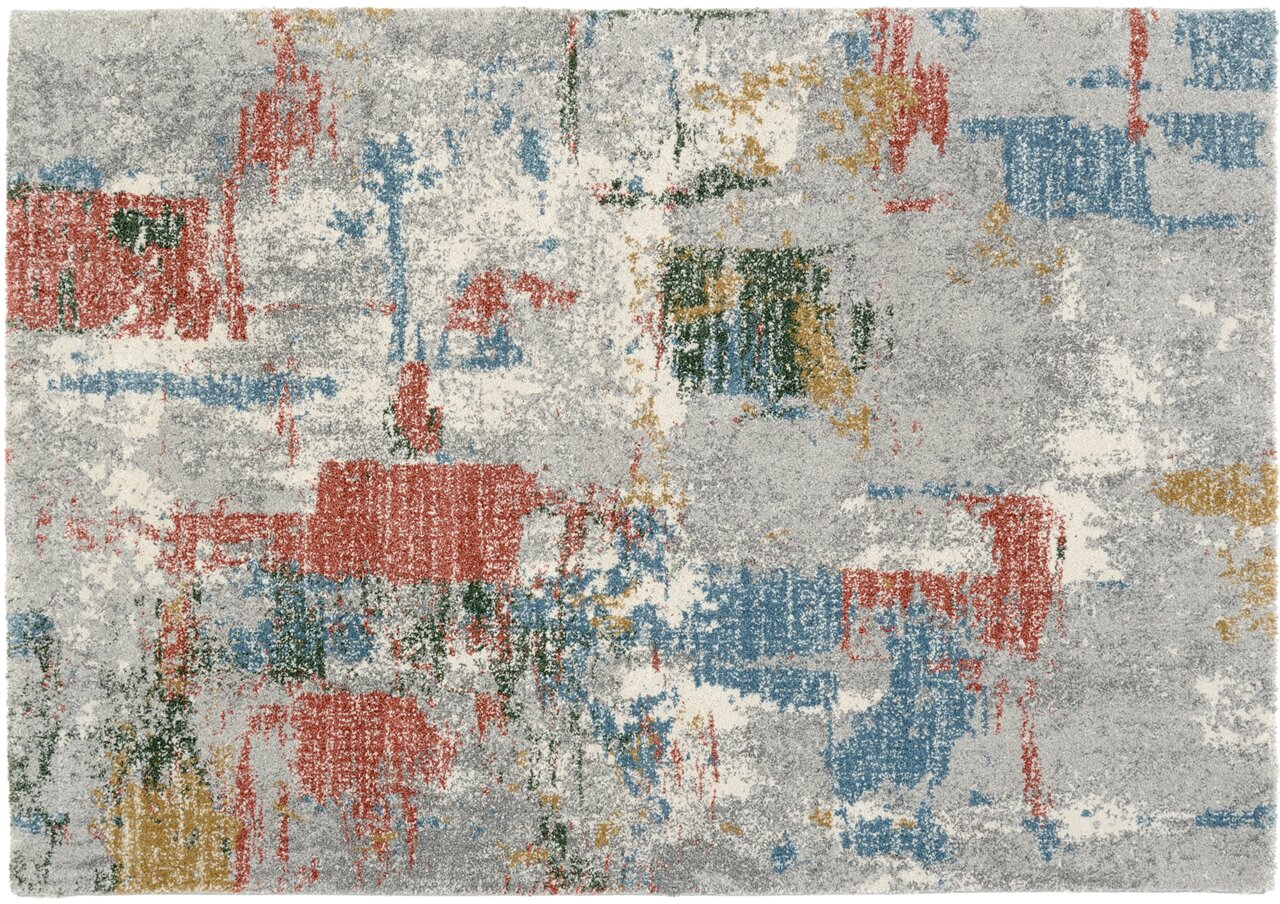 Frisé-Teppich mit abstraktem Muster in Grau, Rot, Blau, Grün und Gelb, aus der Vogelperspektive fotografiert.