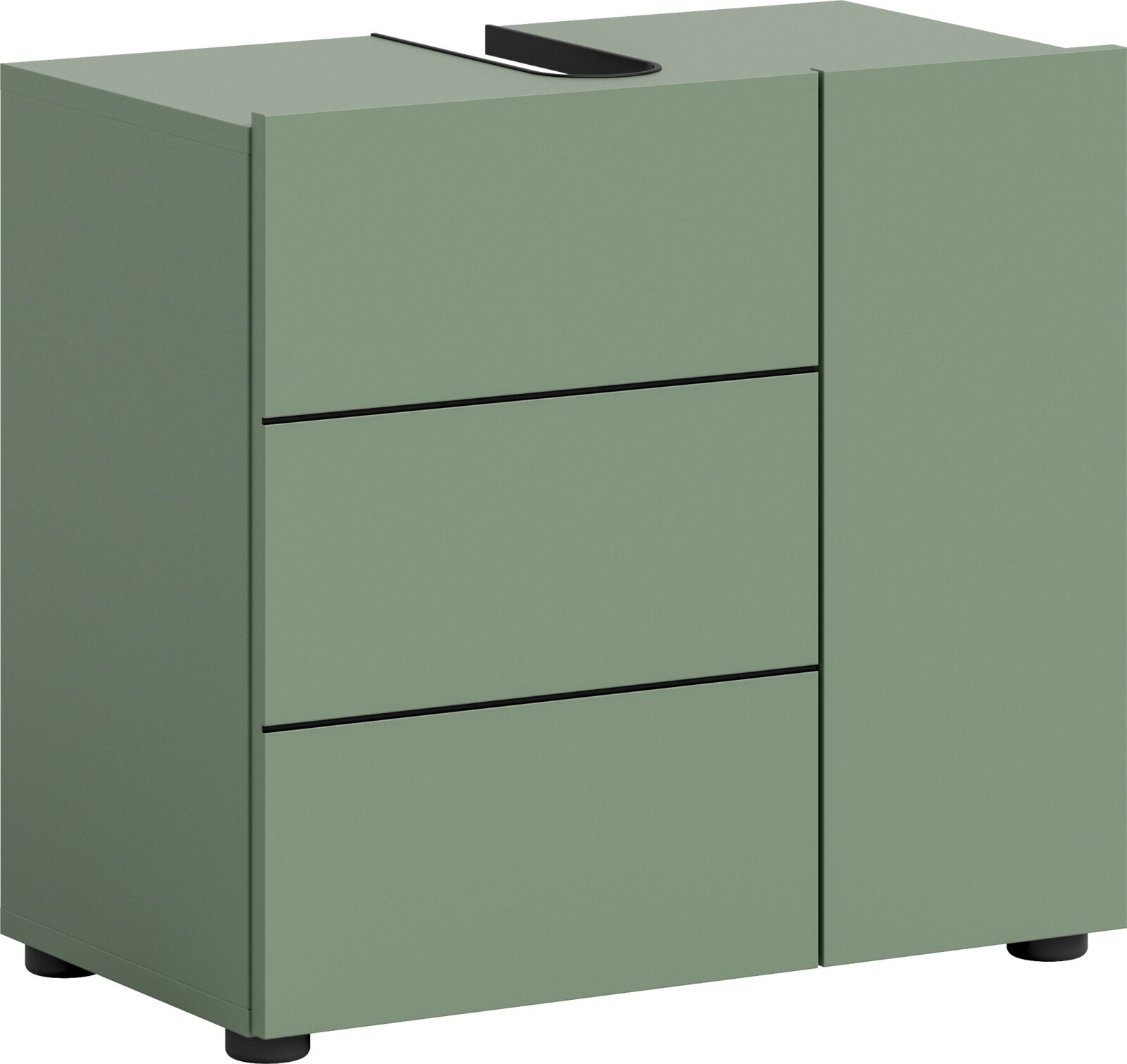 Salbeigrüner Badezimmerschrank/Unterschrank mit drei Schubladen und schwarzem Griff, freistehend auf schwarzen Füßen, in Frontansicht leicht schräg von links