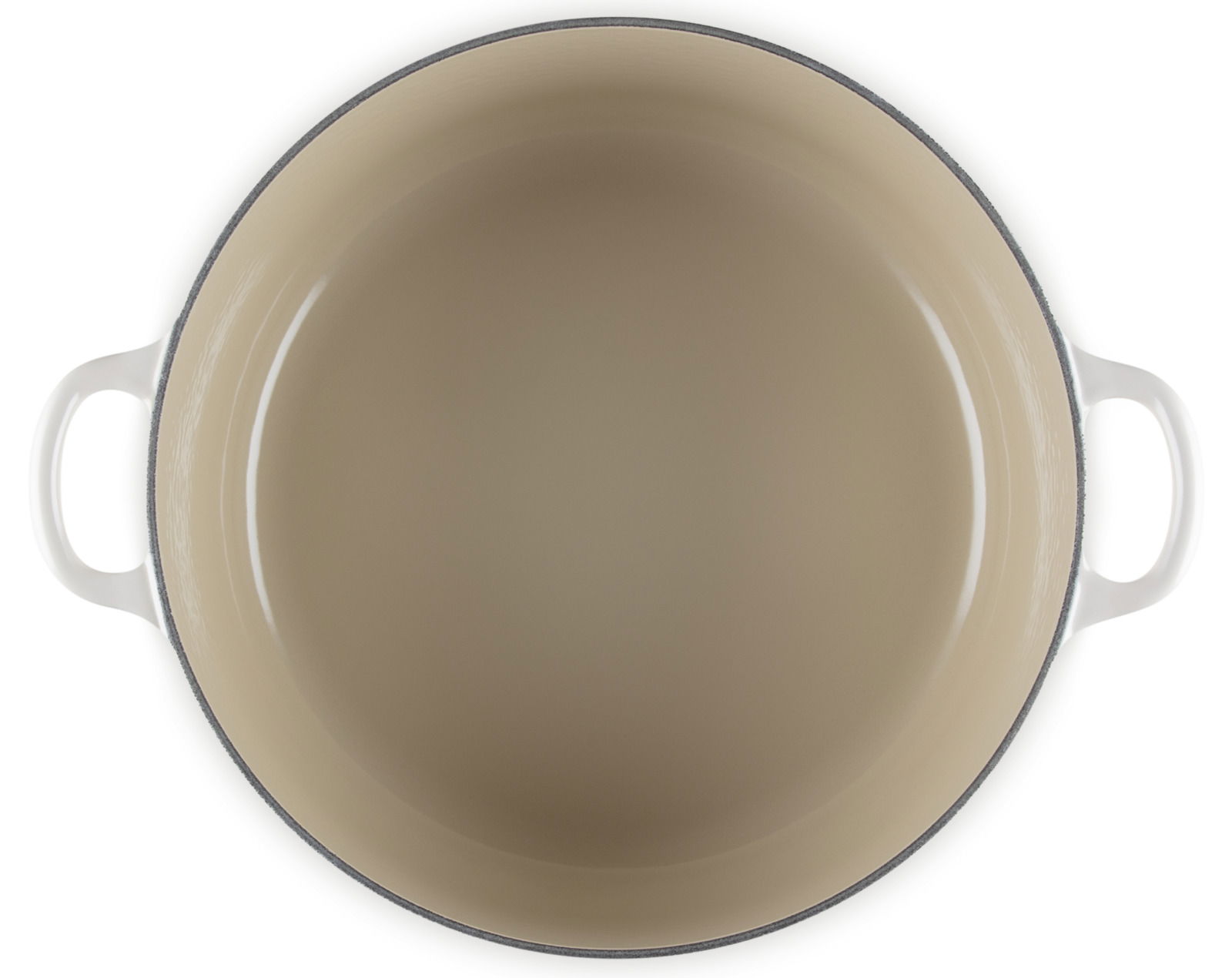 Runder Bräter 28cm in Draufsicht mit zwei weißen Griffen und beiger Innenfläche.