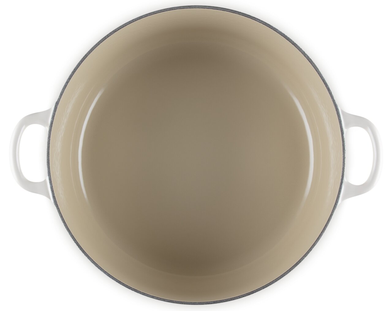 Runder Bräter 28cm in Draufsicht mit zwei weißen Griffen und beiger Innenfläche.