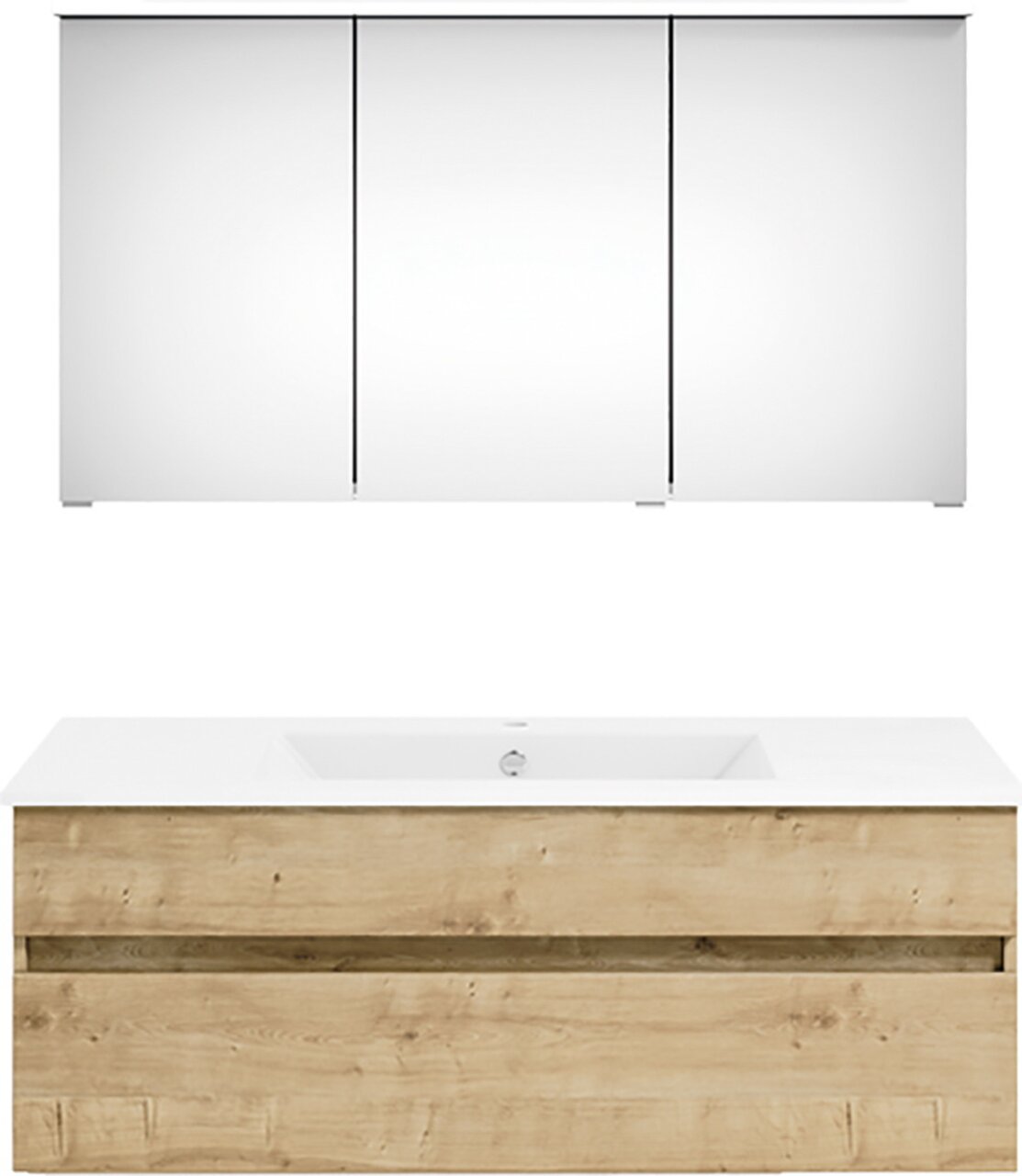 Moderne badkamercombinatie met spiegelkast en wastafel in houtlook, vooraanzicht