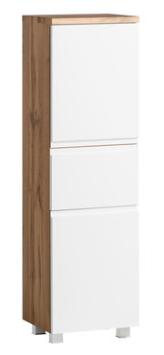 Moderner Midischrank mit weißer Front und Holzseitenansicht, perspektivisch von vorne links fotografiert.