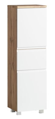 Moderner Midischrank mit weißer Front und Holzseitenansicht, perspektivisch von vorne links fotografiert.